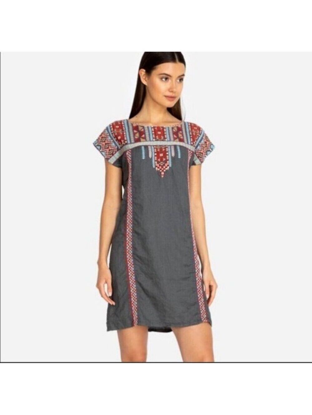 Johnny Was Ezra Shift Dress Gray Linen Embroidered Tribal Motif Mini Tunic S